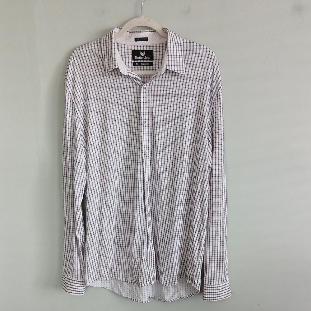 Buttercloth Men's Regular Fit Icy Cotton White & Black Button Up Shirt Size XL